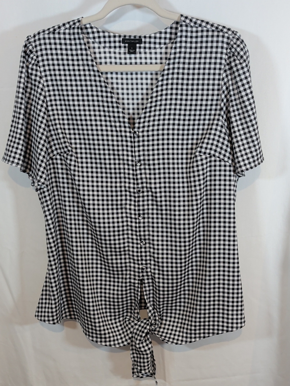 Ann Taylor Black and White Gingham Tie-Front Button Down Top